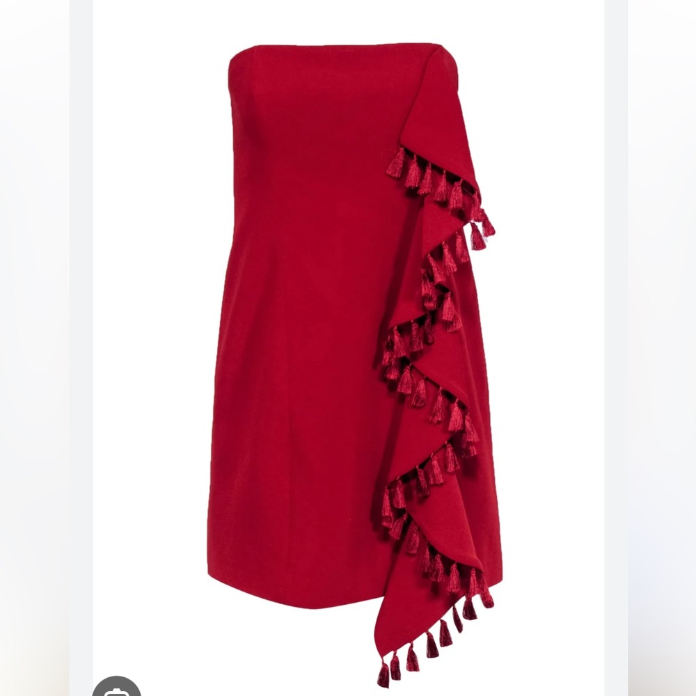 Cinq a Sept Red Strappless Dress with Fringe